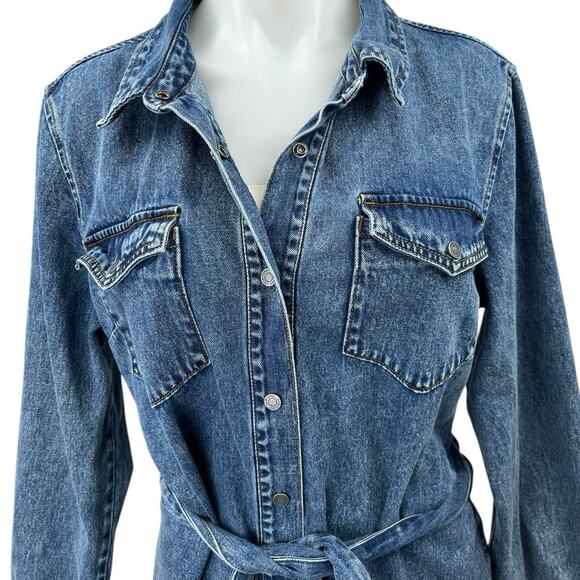 Habitual Blue Denim Button Down Long Sleeve Tie Waist Belted Mini Jeans Dress L - Picture 3 of 5